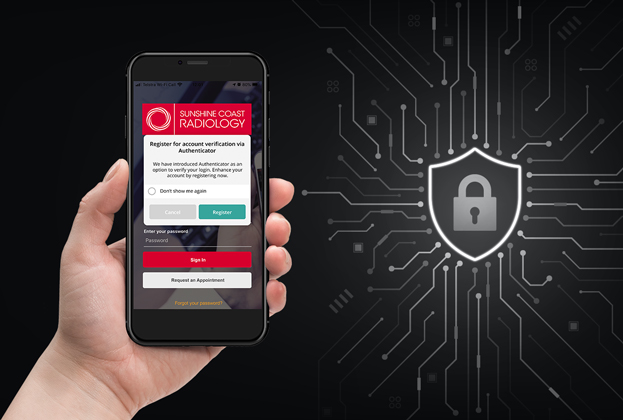 Sunshine Coast Radiology IQ Vue patient image and report viewing app on a mobile phone held in left hand