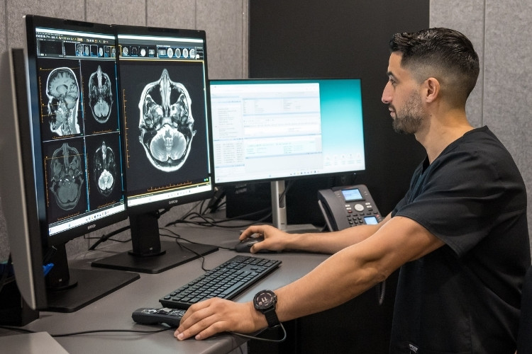 Specialist radiologist analyses patient images to report on.